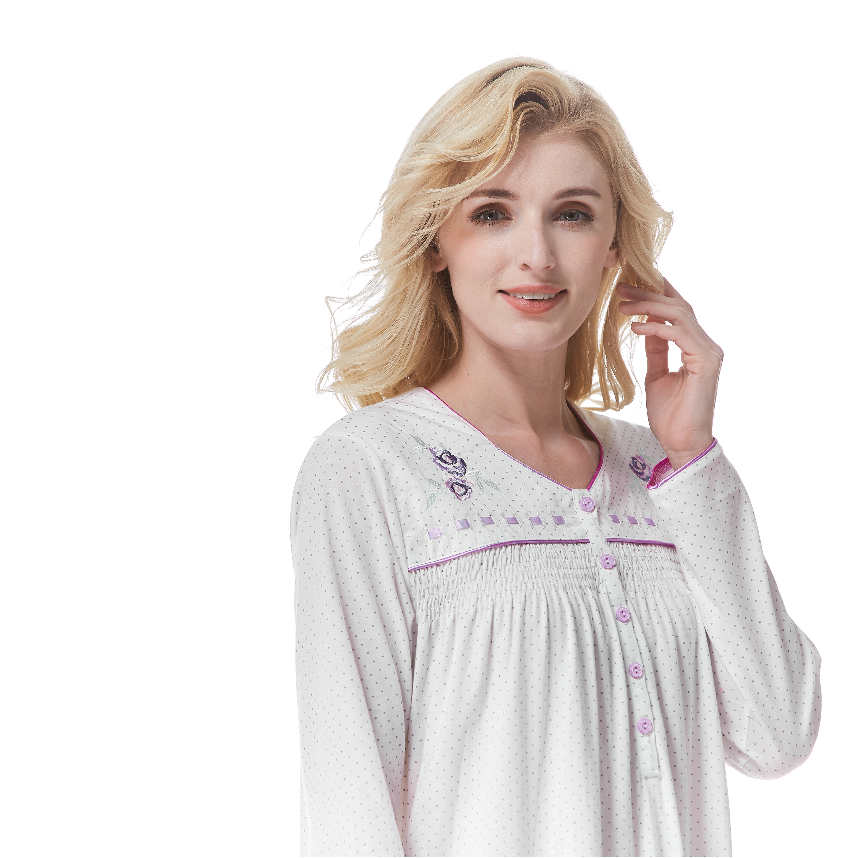 Keyocean Nightgowns for Women, 100% Cotton Embroidered Printing Long Sleeves  Sleepwear, Purple Dots on Cream, K18012 - Keyocean Cotton Nightgowns for  Women