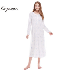 Keyocean Embroidered Nightgown for Women, Soft 100% Cotton Warm Comfortable  Lightweight Long Sleeves Ladies Housedress