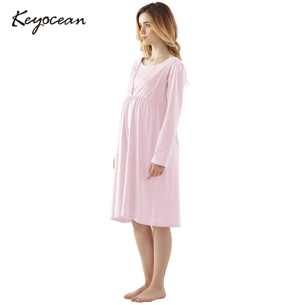 Aibrou Womens Maternity Nursing Breastfeeding Nightdress Cotton Long Sleeve Nightgown Nightshirt for Home Hospital